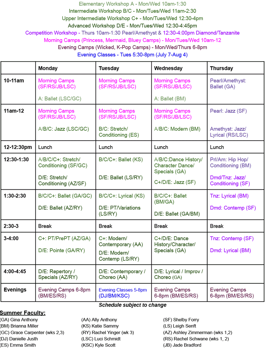 Summer Dance Schedule for 2026